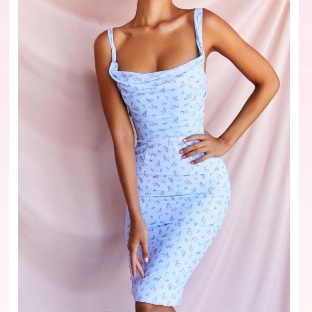 HOUSE OF CB 'Bellina' Blue Floral Corset Midi Dress Small